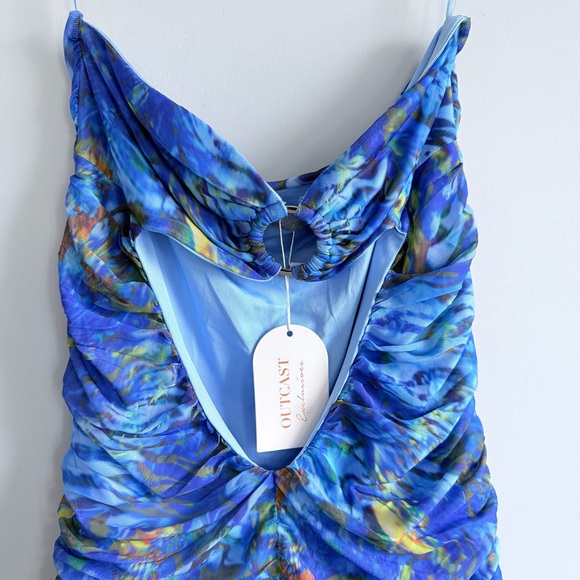 NWT OUTCAST CLOTHING KATIE STRAPLESS MINI DRESS AZURE FEATHER L Mesh Ruffle Y2K - Picture 6 of 15